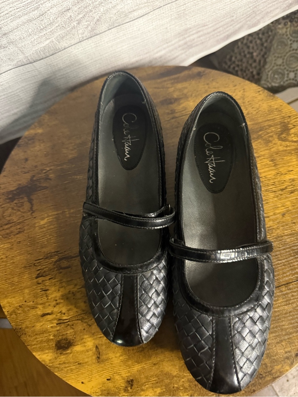 Cole Haan Black Woven Leather Mary Jane Flats with Patent Trim